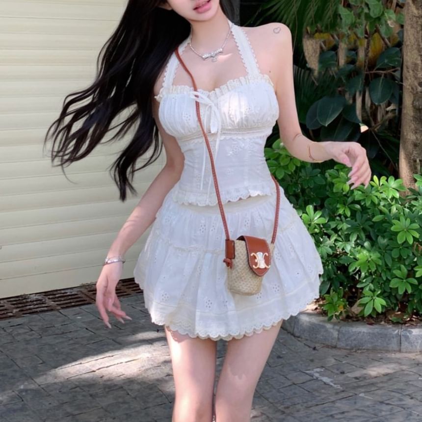 Tiered Slim Fit Bow Top Halter A-Line Plain Mini / Crop Waist Skirt Elastic