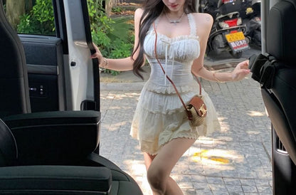 Tiered Slim Fit Bow Top Halter A-Line Plain Mini / Crop Waist Skirt Elastic