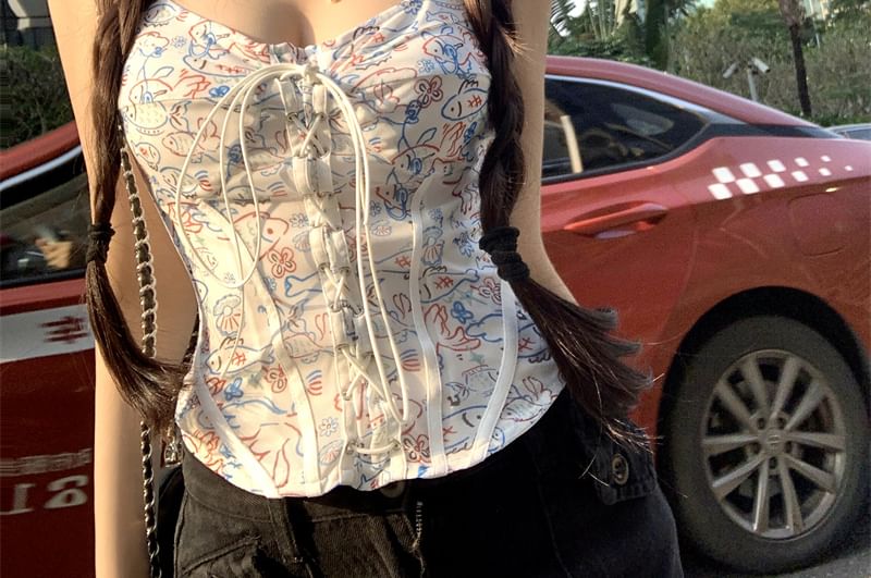 Fit Cartoon Print Top Lace-Up Camisole Slim