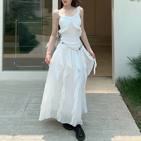 Plain Ruffle Fit A-Line Slim Asymmetrical Trim Waist Elastic Skirt Midi Tank / Top