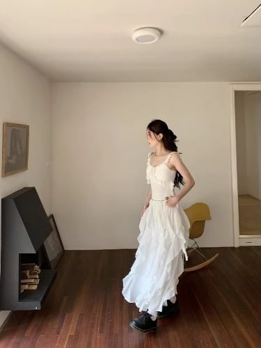 Plain Ruffle Fit A-Line Slim Asymmetrical Trim Waist Elastic Skirt Midi Tank / Top