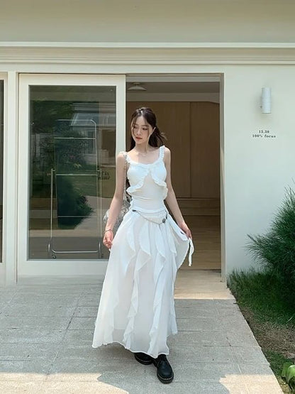 Plain Ruffle Fit A-Line Slim Asymmetrical Trim Waist Elastic Skirt Midi Tank / Top