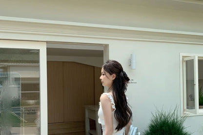 Plain Ruffle Fit A-Line Slim Asymmetrical Trim Waist Elastic Skirt Midi Tank / Top