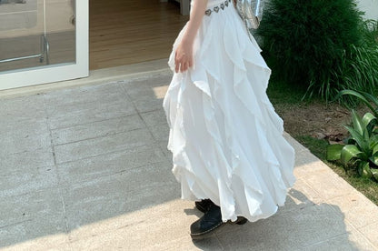 Plain Ruffle Fit A-Line Slim Asymmetrical Trim Waist Elastic Skirt Midi Tank / Top