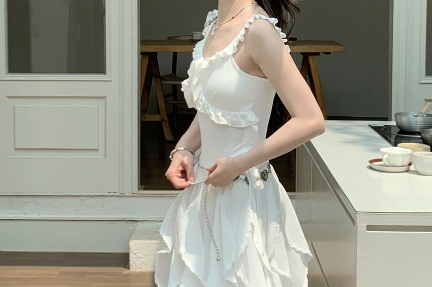 Plain Ruffle Fit A-Line Slim Asymmetrical Trim Waist Elastic Skirt Midi Tank / Top