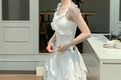 Plain Ruffle Fit A-Line Slim Asymmetrical Trim Waist Elastic Skirt Midi Tank / Top