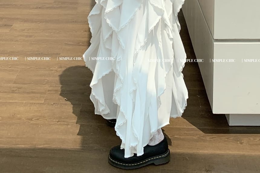 Plain Ruffle Fit A-Line Slim Asymmetrical Trim Waist Elastic Skirt Midi Tank / Top