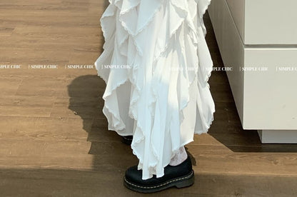 Plain Ruffle Fit A-Line Slim Asymmetrical Trim Waist Elastic Skirt Midi Tank / Top