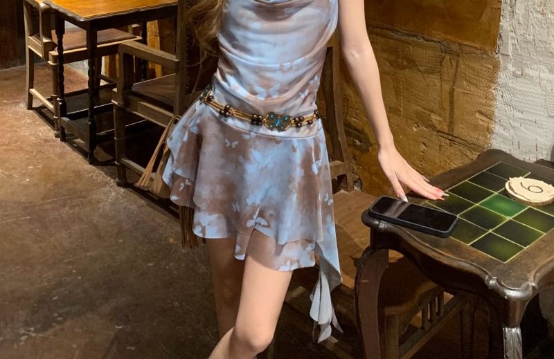 Print Neck A-Line Mini Cowl Spaghetti Asymmetrical Strap Butterfly Dress