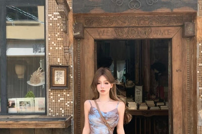 Print Neck A-Line Mini Cowl Spaghetti Asymmetrical Strap Butterfly Dress