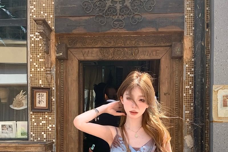 Print Neck A-Line Mini Cowl Spaghetti Asymmetrical Strap Butterfly Dress