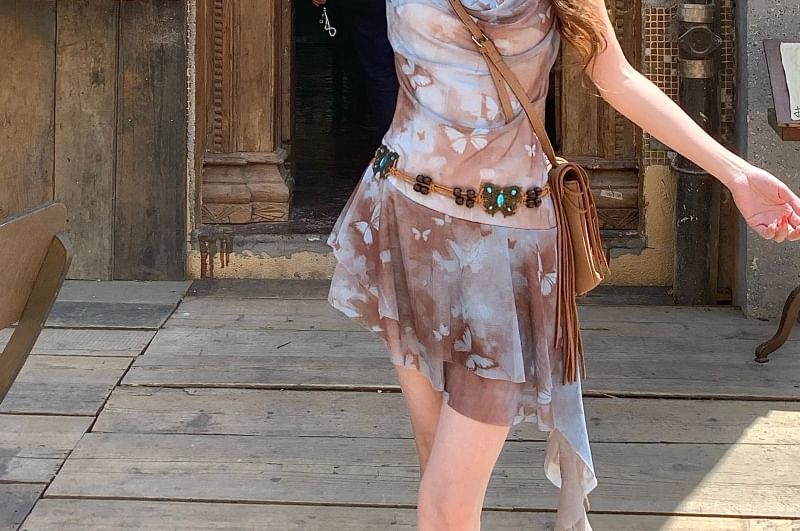 Print Neck A-Line Mini Cowl Spaghetti Asymmetrical Strap Butterfly Dress