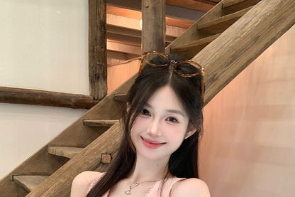 Lace Bow Fit V-Neck Slim Tank Top Trim