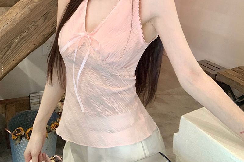 Lace Bow Fit V-Neck Slim Tank Top Trim