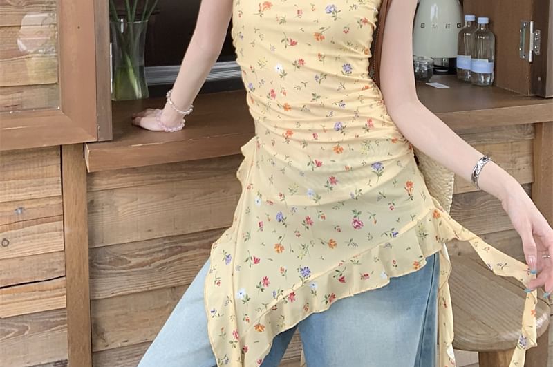 Floral Asymmetrical Neck Trim Tank Ruffle Fit Square Top Slim