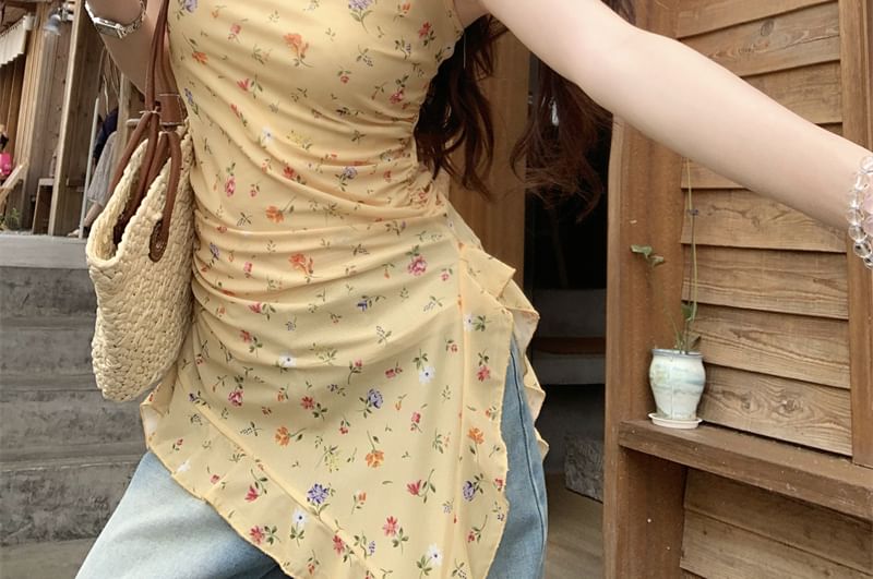 Floral Asymmetrical Neck Trim Tank Ruffle Fit Square Top Slim