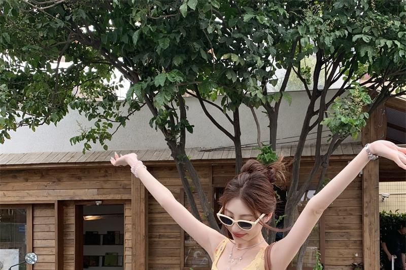 Floral Asymmetrical Neck Trim Tank Ruffle Fit Square Top Slim