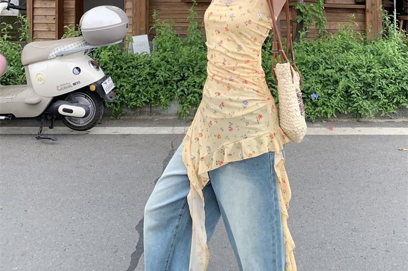 Floral Asymmetrical Neck Trim Tank Ruffle Fit Square Top Slim