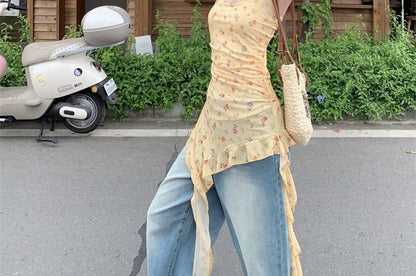 Floral Asymmetrical Neck Trim Tank Ruffle Fit Square Top Slim