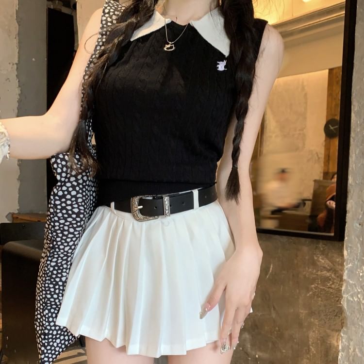 High Waist Skirt / Top Pleated Knit Tank Plain Mini Collar Contrast A-Line
