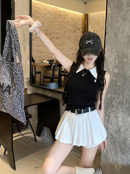 High Waist Skirt / Top Pleated Knit Tank Plain Mini Collar Contrast A-Line