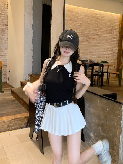 High Waist Skirt / Top Pleated Knit Tank Plain Mini Collar Contrast A-Line