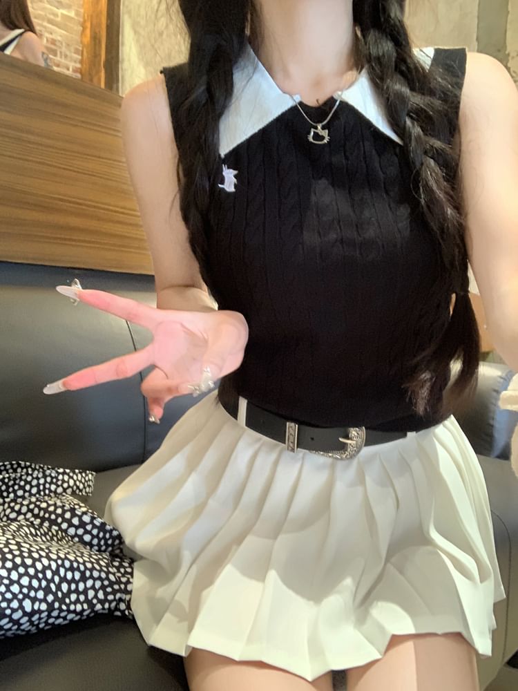 High Waist Skirt / Top Pleated Knit Tank Plain Mini Collar Contrast A-Line