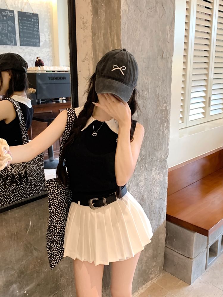 High Waist Skirt / Top Pleated Knit Tank Plain Mini Collar Contrast A-Line