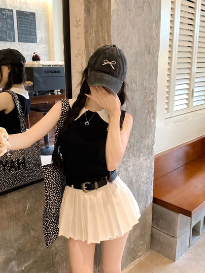 High Waist Skirt / Top Pleated Knit Tank Plain Mini Collar Contrast A-Line