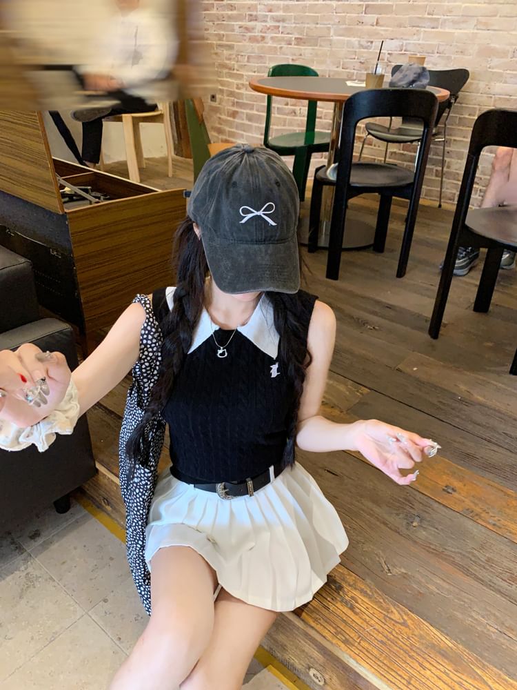 High Waist Skirt / Top Pleated Knit Tank Plain Mini Collar Contrast A-Line