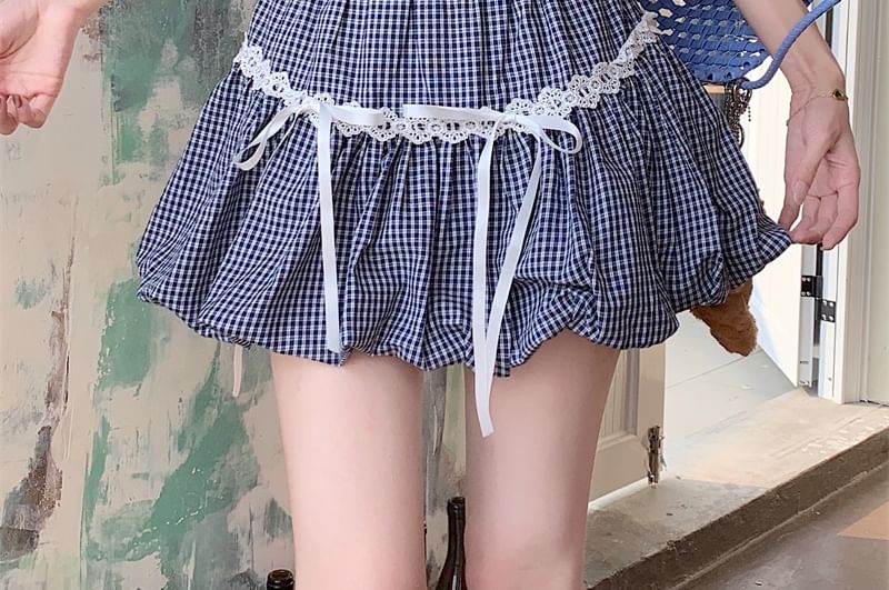 Slim Plaid Fit Trim / Lace Tee Waist Bubble Plain Elastic Bow Scoop Mini Hem Skirt Neck Short-Sleeve A-Line