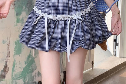 Slim Plaid Fit Trim / Lace Tee Waist Bubble Plain Elastic Bow Scoop Mini Hem Skirt Neck Short-Sleeve A-Line