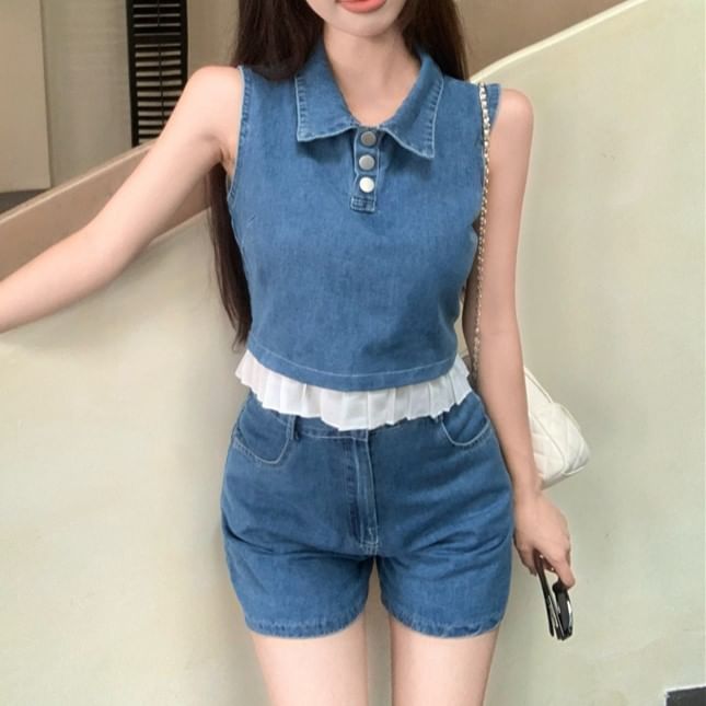 Top Denim Frill High Shorts Collar Crop Waist Trim Henley Tank /