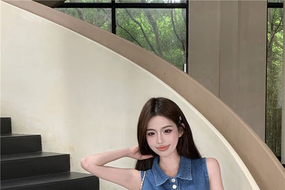 Top Denim Frill High Shorts Collar Crop Waist Trim Henley Tank /