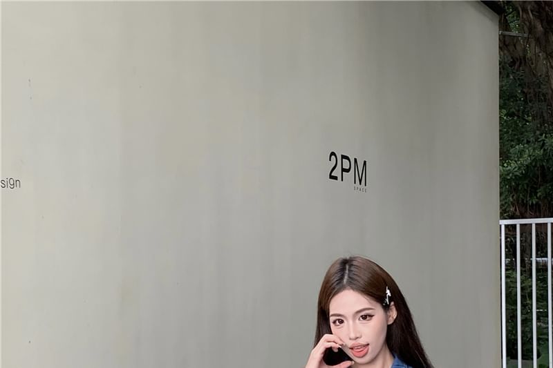 Top Denim Frill High Shorts Collar Crop Waist Trim Henley Tank /