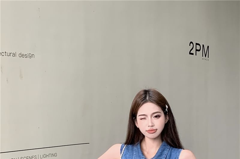 Top Denim Frill High Shorts Collar Crop Waist Trim Henley Tank /