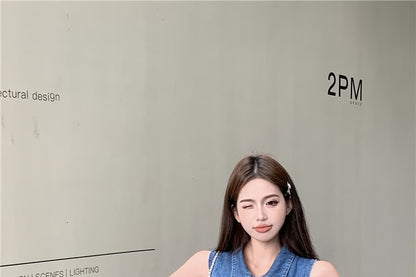 Top Denim Frill High Shorts Collar Crop Waist Trim Henley Tank /