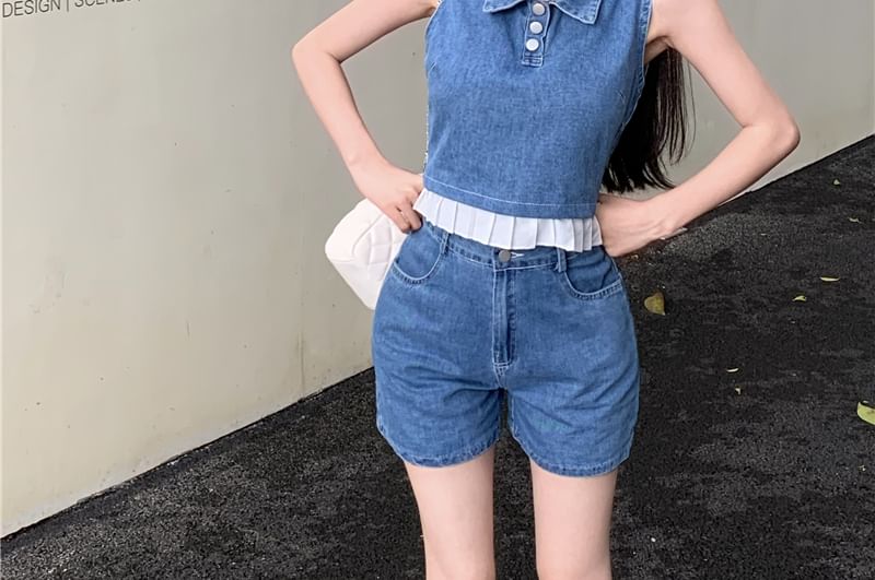 Top Denim Frill High Shorts Collar Crop Waist Trim Henley Tank /