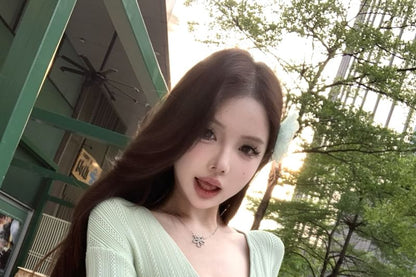 Crop Top Ribbed Plain Cargo Wide Drawstring Waist Pants Long-Sleeve / Leg V-Neck Knit