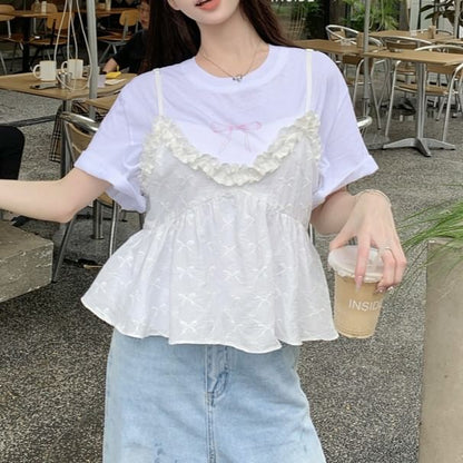 Ruffle Short-Sleeve Camisole Crew Flowy / Trim Top Bow Print Tee Neck
