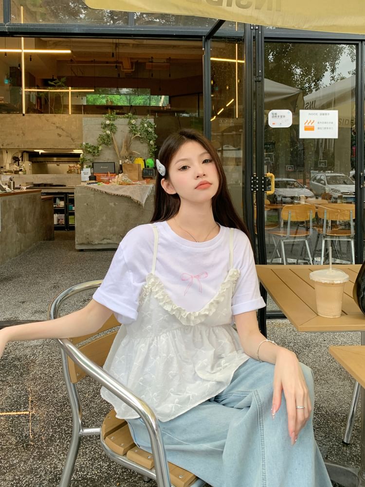 Ruffle Short-Sleeve Camisole Crew Flowy / Trim Top Bow Print Tee Neck