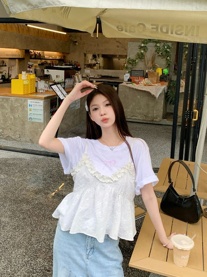 Ruffle Short-Sleeve Camisole Crew Flowy / Trim Top Bow Print Tee Neck