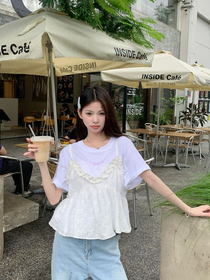 Ruffle Short-Sleeve Camisole Crew Flowy / Trim Top Bow Print Tee Neck