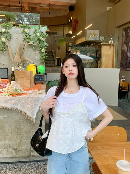 Ruffle Short-Sleeve Camisole Crew Flowy / Trim Top Bow Print Tee Neck