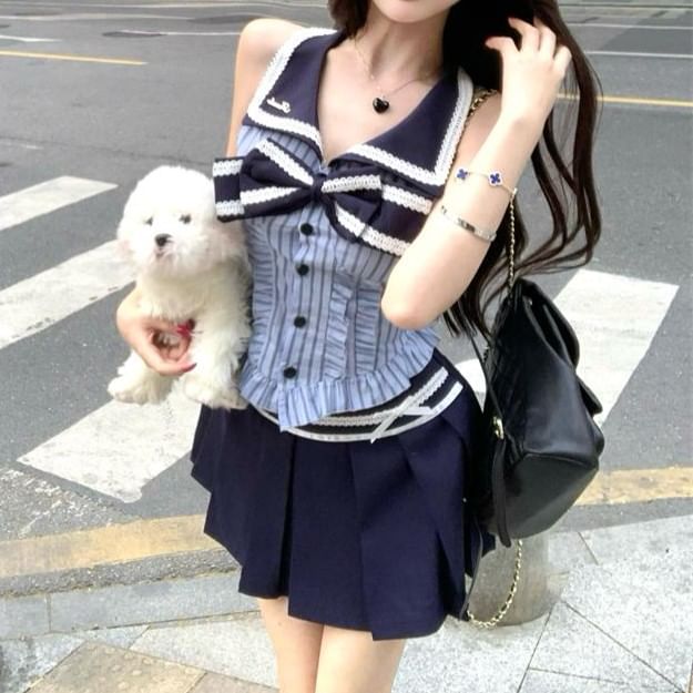 Sleeveless Blouse A-Line Pleated Bow Skirt Striped High Rise Mini Collar /