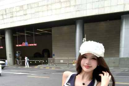 Sleeveless Blouse A-Line Pleated Bow Skirt Striped High Rise Mini Collar /