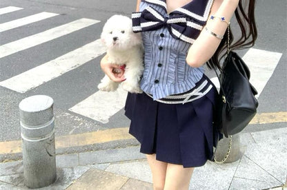 Sleeveless Blouse A-Line Pleated Bow Skirt Striped High Rise Mini Collar /