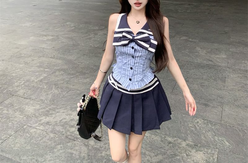 Sleeveless Blouse A-Line Pleated Bow Skirt Striped High Rise Mini Collar /