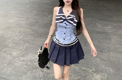 Sleeveless Blouse A-Line Pleated Bow Skirt Striped High Rise Mini Collar /