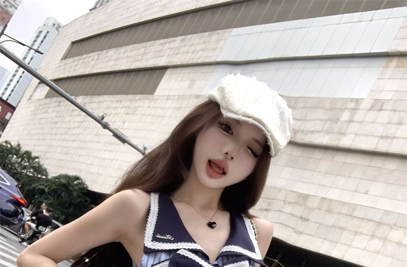 Sleeveless Blouse A-Line Pleated Bow Skirt Striped High Rise Mini Collar /